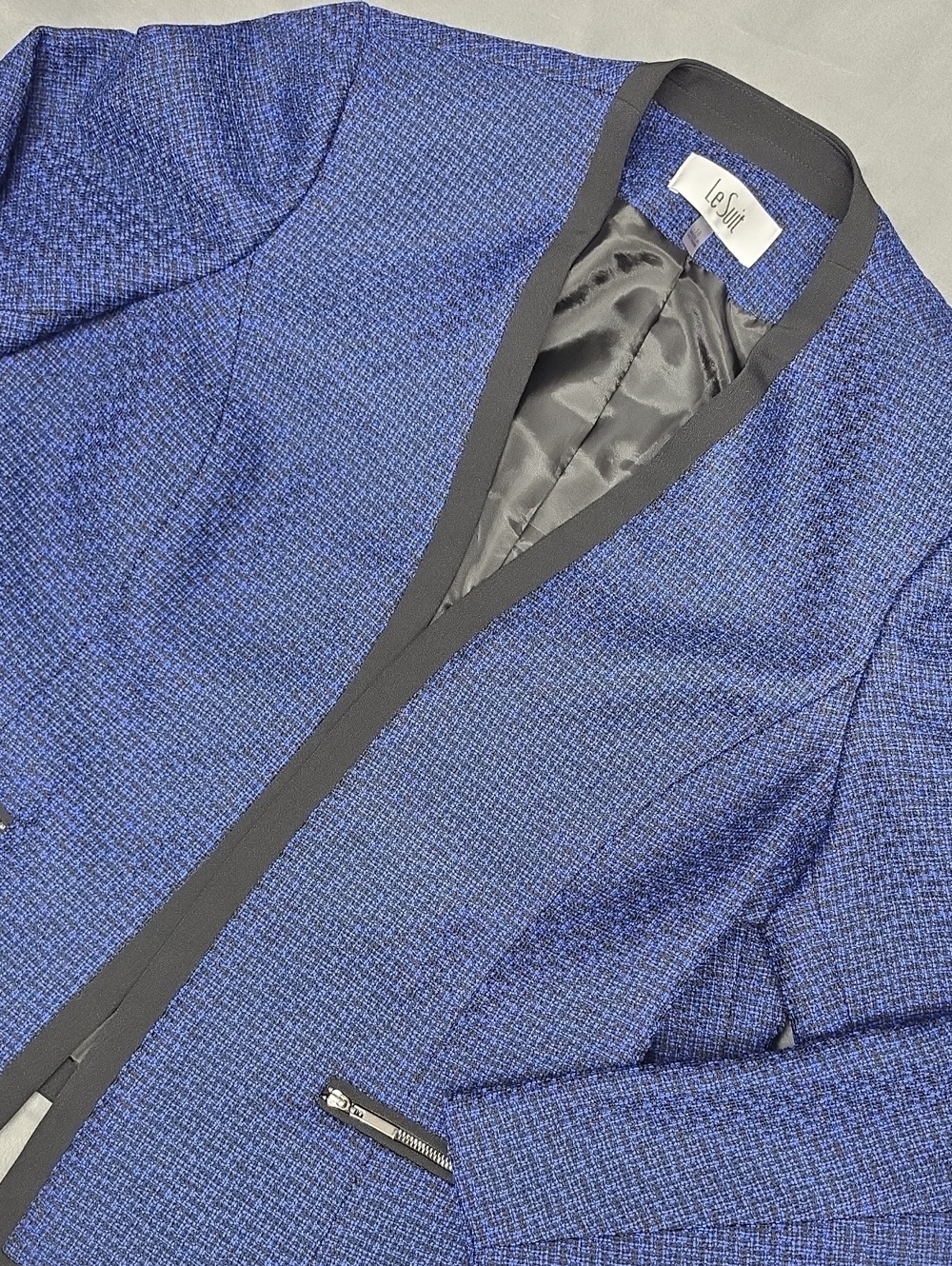 Le Suit Royal Blue Textured Blazer with Black Trim